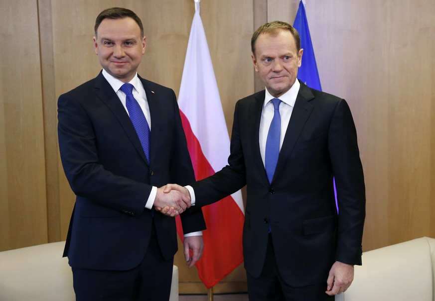 Die beiden streitenden Polen: Präsident Duda und EU-Ratspräsident Tusk heute in Brüssel.