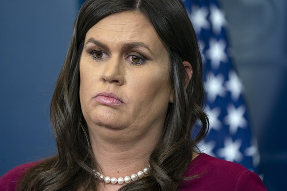 epa06660025 White House Press Secretary Sarah Sanders speaks to the media from the White House Press Briefing Room in Washington DC, USA, 10 April 2018. Earlier in the day, in response to FBI official ...