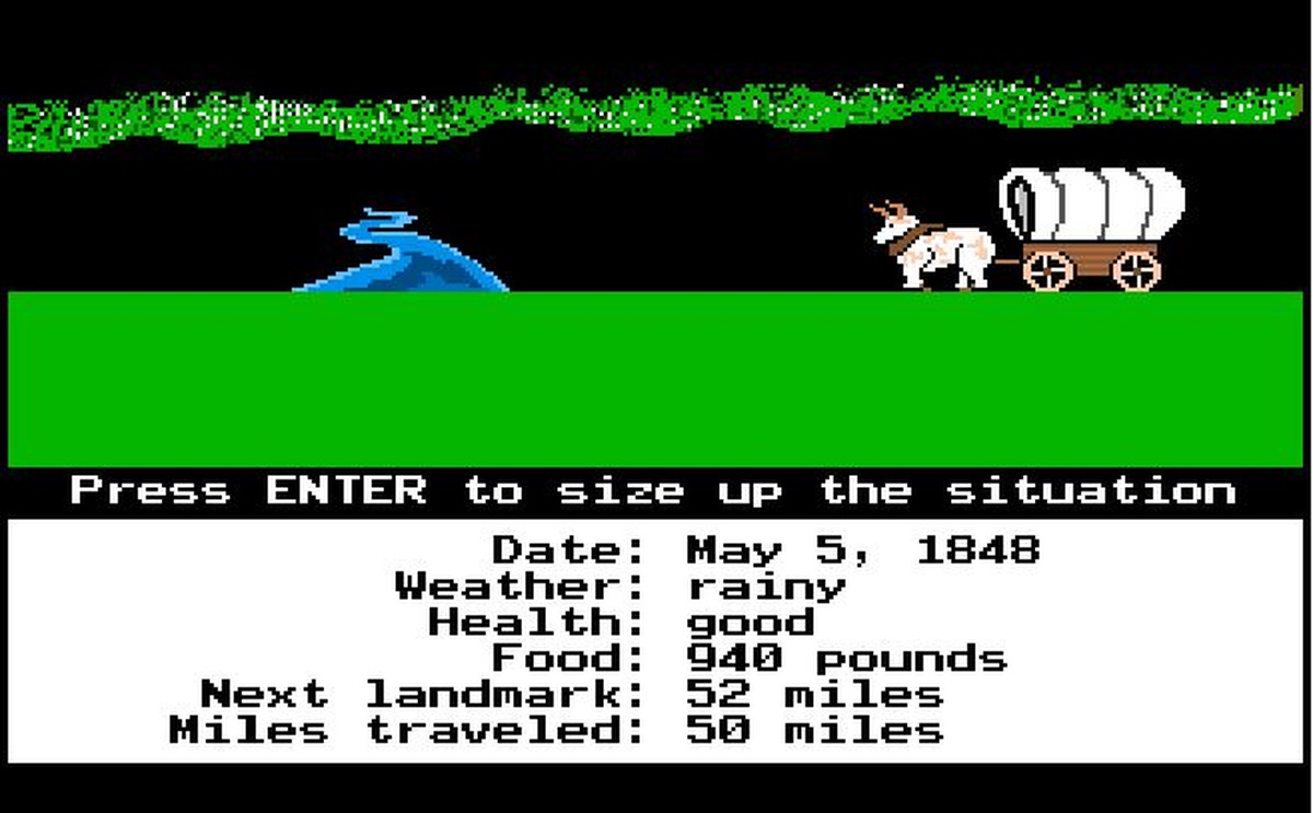 Auf dem «Oregon Trail». Das Spiel ist online frei verfügbar.
https://classicreload.com/oregon-trail.html