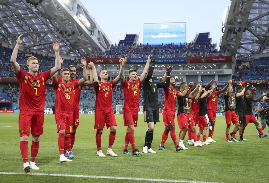 Belgium&#039;s team celebrates after winning the group G match between Belgium and Panama at the 2018 soccer World Cup in the Fisht Stadium in Sochi, Russia, Monday, June 18, 2018. Belgium won 3-0. (A ...