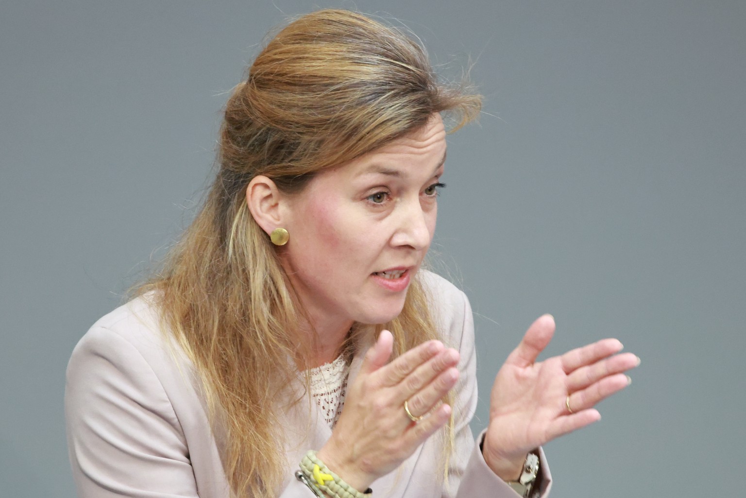 epa12226297 Social Democratic Party (SPD) member of parliament Siemtje Moeller speaks during a session of the German parliament 'Bundestag' as part of the draft budget for 2025 consultations ...