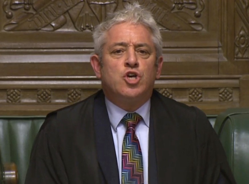 House of Commons Speaker John Bercow reads the result of a vote on the Prime Minister&#039;s Brexit deal in the House of Commons, London, Tuesday Jan. 15, 2019. UK Parliament rejected Prime Minister T ...