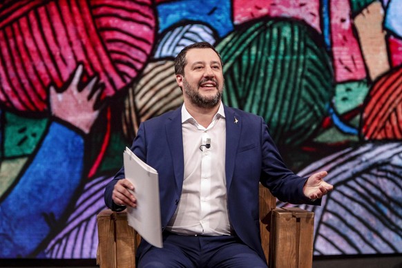 epa07330157 Italian Deputy Premier and Interior Minister, Matteo Salvini, speaks during the La7 Italian program &#039;di Martedì&#039;, conducted by Italian Journalist Giovanni Floris, in Rome, Italy, ...