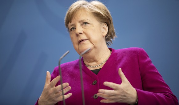 epa08380393 German Chancellor Angela Merkel speaks to the media following a video conference of the European Council meeting on coronavirus pandemic in Berlin, Germany, 23 April 2020. European leaders ...
