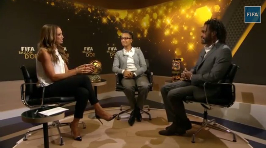 Sky-Reporterin Kate Abdo diskutiert die verbleibenden Kandidaten mit&nbsp;Christian Karembeu und Hope Powell.&nbsp;