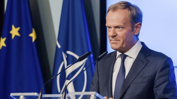 European Council President Donald Tusk addresses the media after the signature of the second EU NATO Joint Declaration, in Brussels on Tuesday, July 10, 2018. The Joint Declaration between NATO and th ...