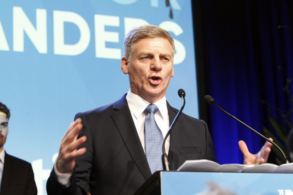 New Zealand&#039;s Prime Minister Bill English talks to hundreds of supporters after election results are announced on Saturday, Sept. 23, 2017, in Auckland, New Zealand. His National Party won the mo ...