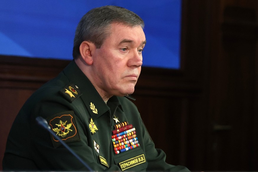 Russian Chief of the General Staff Gen. Valery Gerasimov attends a meeting of Russian President Vladimir Putin with senior military officers in Moscow, Russia, Wednesday, Dec. 21, 2022. (Mikhail Kurav ...