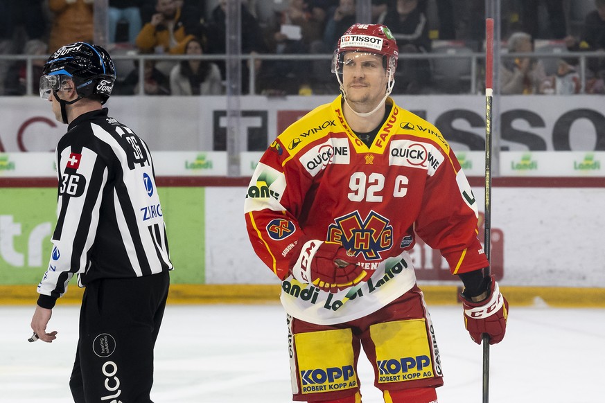 Biels Gaetan Haas jubelt nach seinem Tor zum 4-0, beim Eishockey Meisterschaftsspiel der National League zwischen EHC Biel und Lausanne HC, am Donnerstag, 2. Maerz 2023, in der Tissot Arena in Biel. ( ...