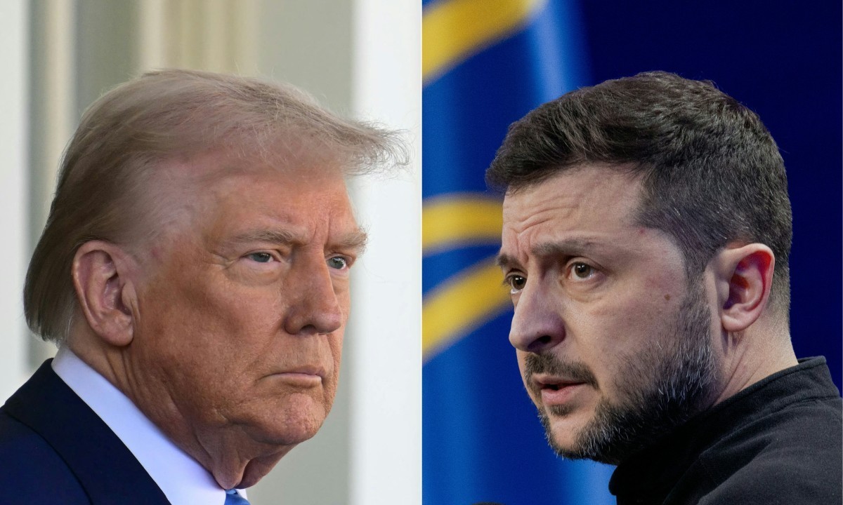 (FILES) (COMBO) This combination of pictures created on February 25, 2025 shows US President Donald Trump (L) on February 24, 2025, and Ukraine's President Volodymyr Zelensky (R) on February 23,  ...