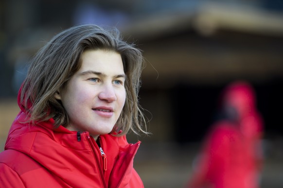 David Habluetzel snowboarder of Switzerland, reacts during a media conference of the Swiss Snowboard Halfpipe team in the House of Switzerland the day of the opening of the XXIII Winter Olympics 2018  ...