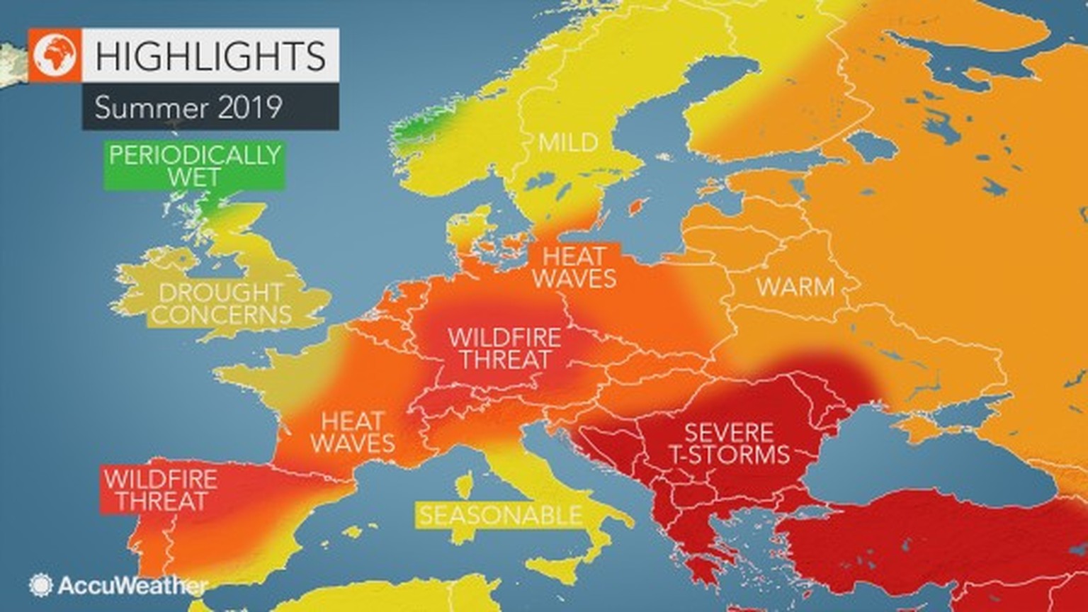 Mit dieser Karte prophezeite AccuWeather den Hitzesommer 2019.