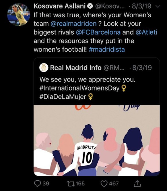 Kosovare Asllani kritisierte Real Madrid wiederholt.