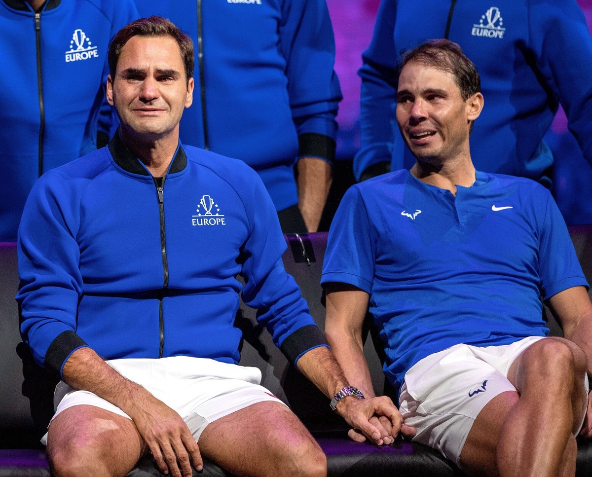 Mandatory Credit: Photo by Ella Ling/Shutterstock 13413997fm Roger Federer and Rafael Nadal of Team Europe emotional, holding hands, watching a video montage after their Men s Doubles match, the final ...