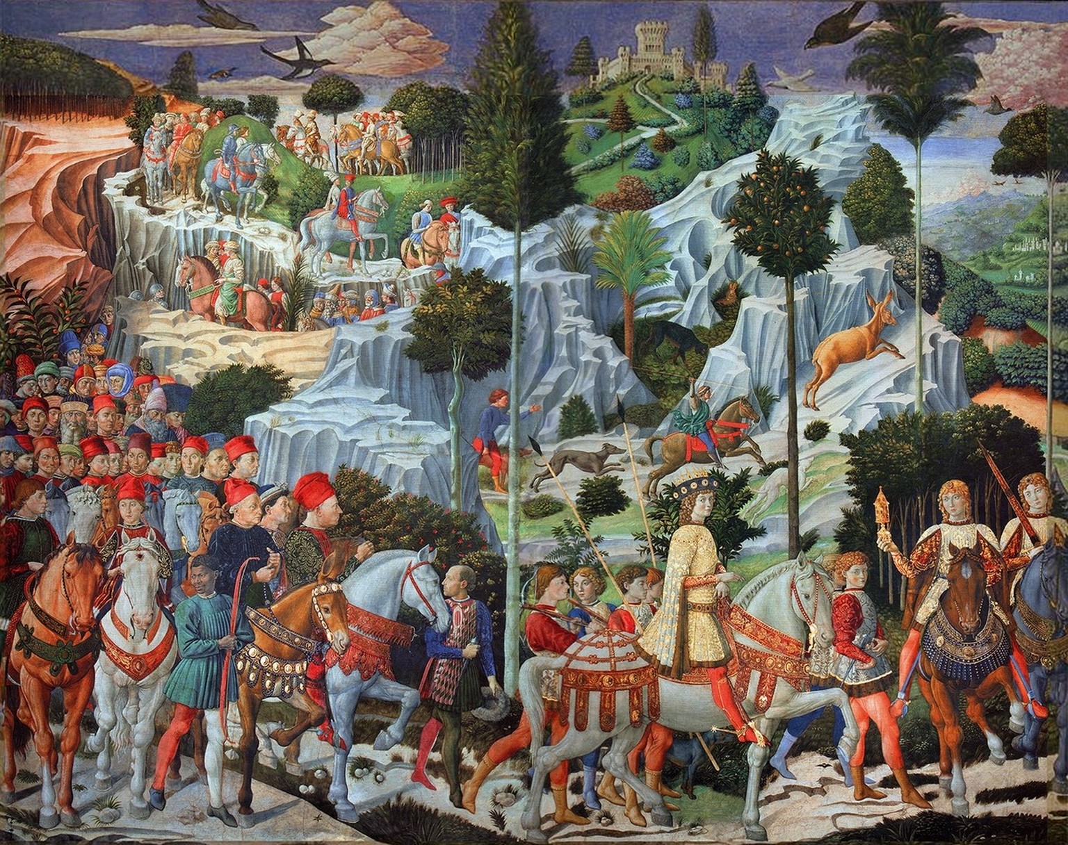 Zug der Heiligen Drei Könige von Benozzo Gozzoli, um 1460.
https://commons.wikimedia.org/wiki/File:Gozzoli_magi.jpg