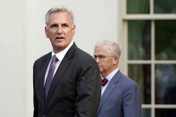 House Speaker Kevin McCarthy of Calif., arrives with Rep. Patrick McHenry, R-N.C., to speak with reporters after meeting with President Joe Biden about the debt ceiling at the White House, Monday, May ...