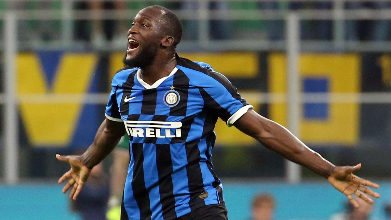 epa07951855 Inter&#039;s Romelu Lukaku celebrates after scoring a goal during the Italian Serie A soccer match FC Inter vs Parma Calcio at the Giuseppe Meazza stadium in Milan, Italy, 26 October 2019. ...