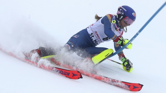 United States&#039; Mikaela Shiffrin speeds down the course during the slalom portion of an alpine ski, women&#039;s World Cup combined, in St. Moritz, Switzerland, Friday, Dec. 8, 2017. (AP Photo/Mar ...