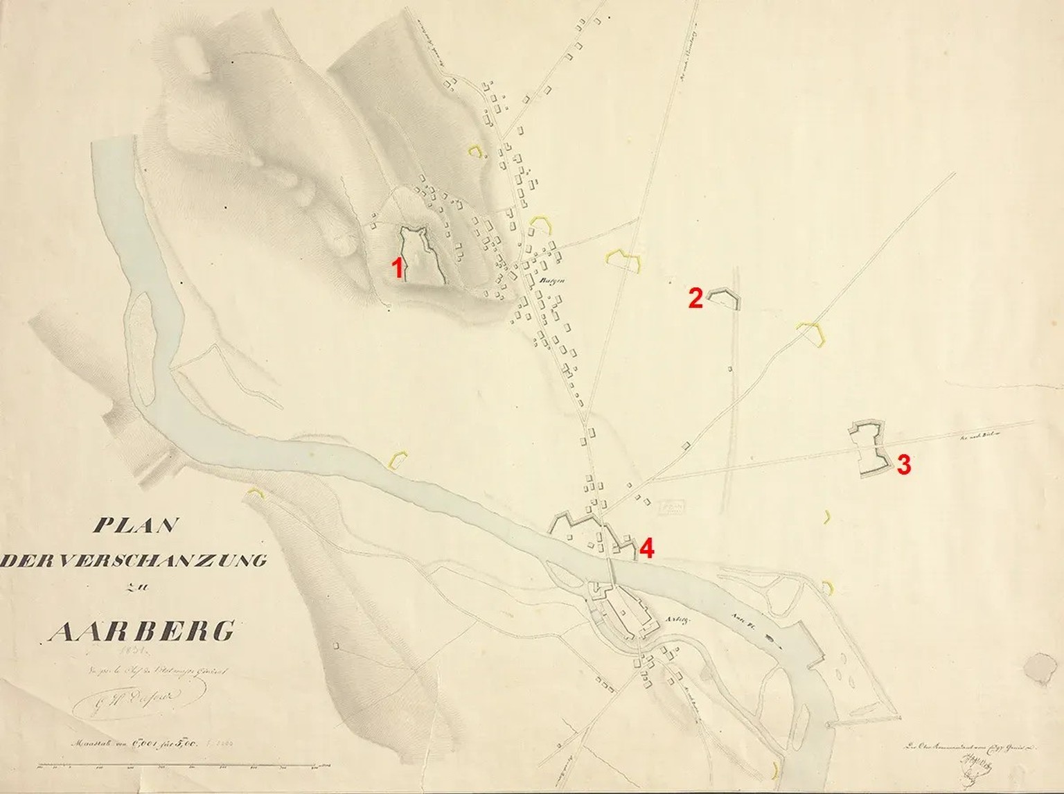 Der Plan der «Verschanzungen zu Aarberg» von 1831 trägt die Unterschrift Dufours. Die mit gelber Farbe eingezeichneten Schanzen wurden nicht realisiert.
https://viewer.recherche.bar.admin.ch/?manifest ...
