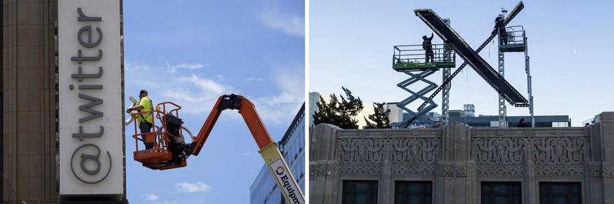 In this combination of 2023 photos, a worker removes parts of a sign on the Twitter headquarters building in San Francisco, on July 24, right; and workers install lighting on an "X" sign ato ...