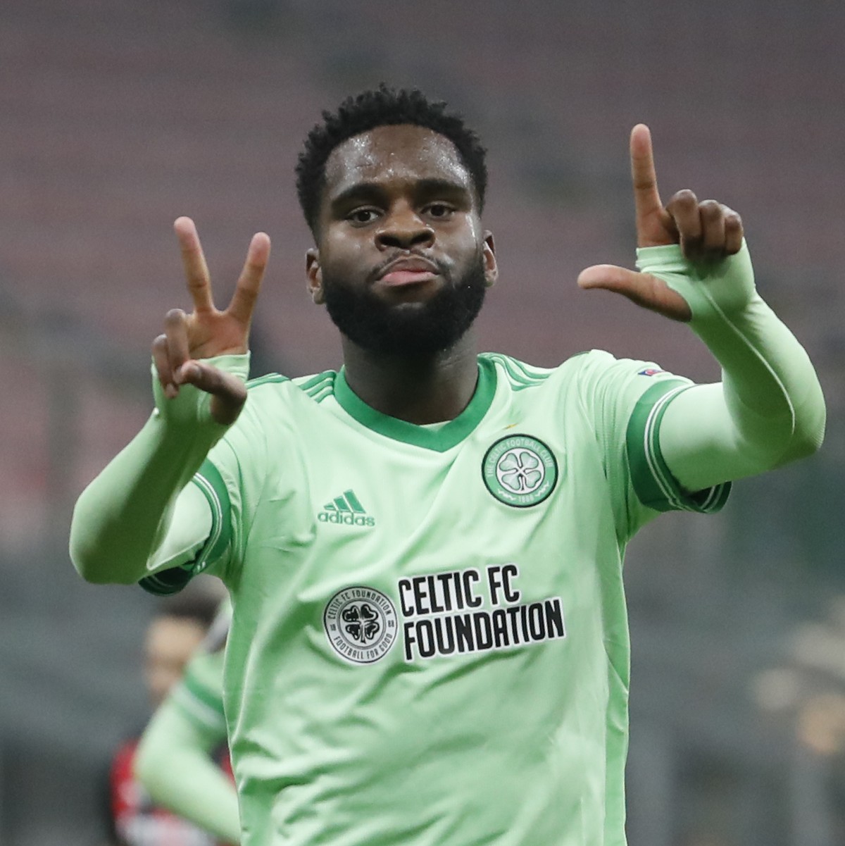 Celtic's Odsonne Edouard celebrates after scoring his side's second goal during the Europa League, Group H, soccer match between AC Milan and Celtic at the San Siro Stadium, in Milan, Italy, ...