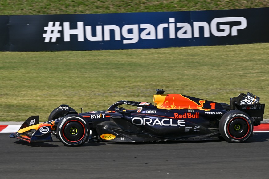 Dutch Formula One driver Max Verstappen of Red Bull Racing steers his car during the Formula One Hungarian Grand Prix auto race, at the Hungaroring racetrack in Mogyorod, near Budapest, Hungary, Sunda ...