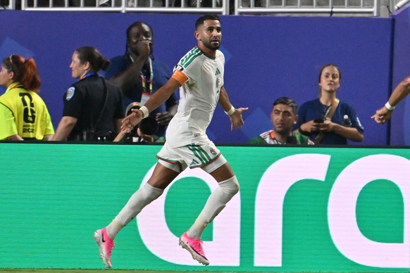 epa13070158 Riyad Mahrez of Algeria celebrates scoring the 3-2 goal during the FIFA World Cup 2026 group stage match Algeria against Austria, in Kansas City, Missouri, USA, 27 June 2026. EPA/AMY KONTR ...