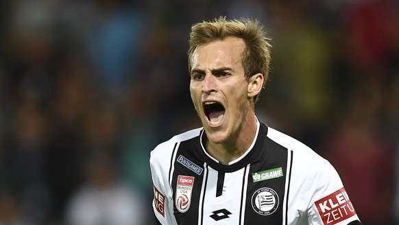 epa06085922 Fabian Schubert of SK Sturm Graz reacts during the UEFA Europa League, Second qualifying round, first leg match between SK Sturm Graz and FK Mladost Podgorica, in Graz, Austria, 13 July 20 ...