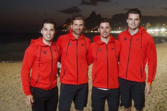 epa05455983 (L-R) Swiss fencers Max Heinzer, Benjamin Steffen, Fabian Kauter and Peer Borsky, stand for a portrait in front of Ipanema beach after a media conference for the Swiss fencing team prior t ...