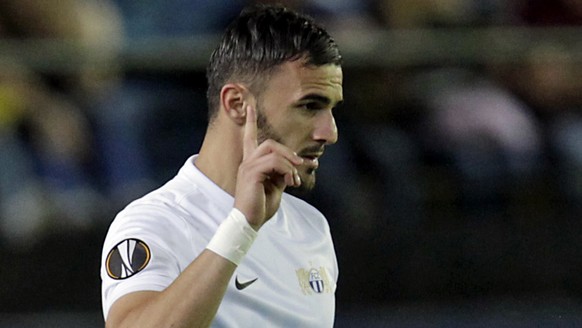 Zurich&#039;s Armando Sadiku celebrates after scoring against Villarreal during an Europa League, Group L soccer match between Villarreal and Zurich, at the Madrigal stadium in Villarreal, Spain, Thur ...