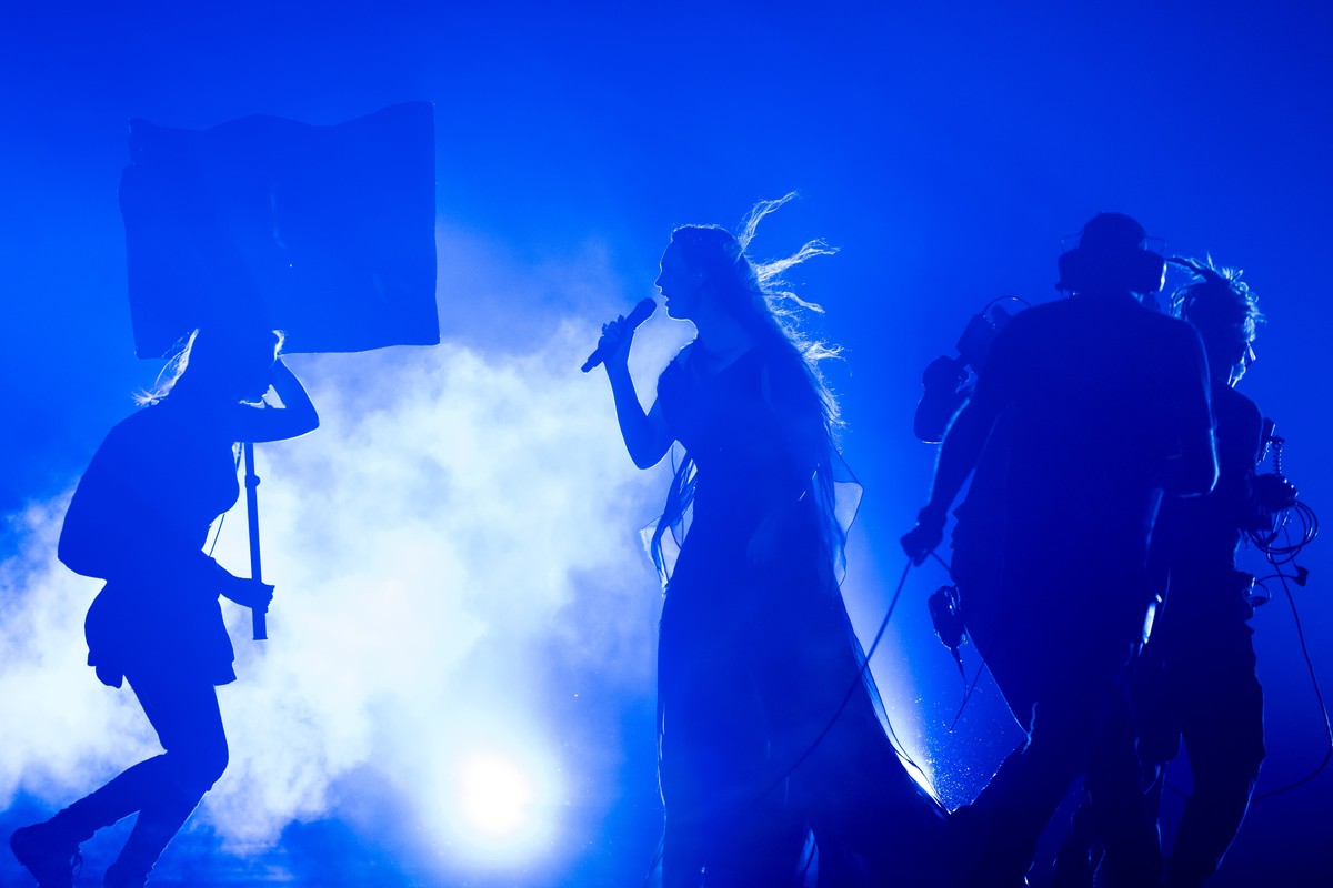 Switzerland's Zoe Me performs the song "Voyage" during the first semi-final at the 69th Eurovision Song Contest in Basel, Switzerland, on Tuesday, May 13, 2025. (KEYSTONE/Georgios Kefal ...