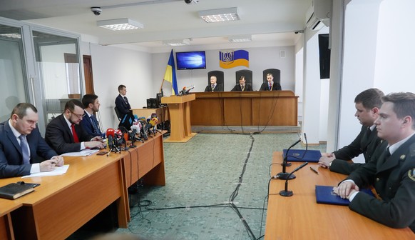 epa07314452 General view of the Obolon District Court sitting during reading out a sentence for the former Ukrainian President Viktor Yanukovych in Kiev, Ukraine, 24 January 2019. In June 2017 Kiev&#0 ...