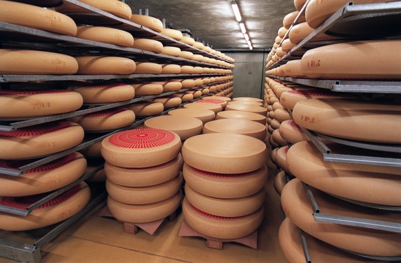 Cheese wheels of Emmentaler are piled up in the storage hall of dairy processing company Emmi in Kaltbach, Switzerland, pictured on September 12, 2002. Based in the canton of Lucerne, milk processor E ...