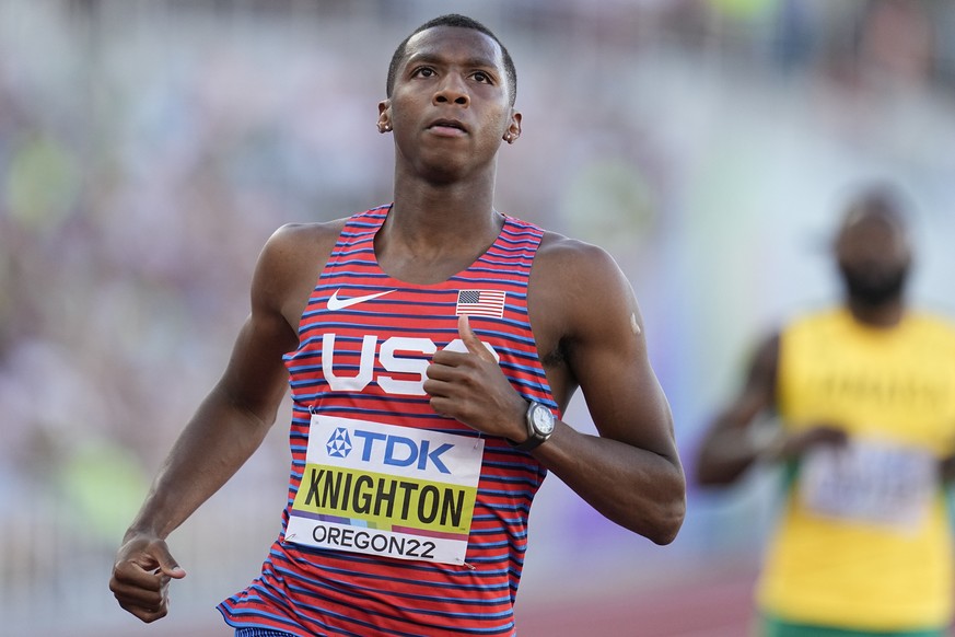 FILE - Erriyon Knighton, of the United States, wins a heat during the men&#039;s 200-meter semifinal run at the World Athletics Championships on Tuesday, July 19, 2022, in Eugene, Ore. Sprinter Erriyo ...