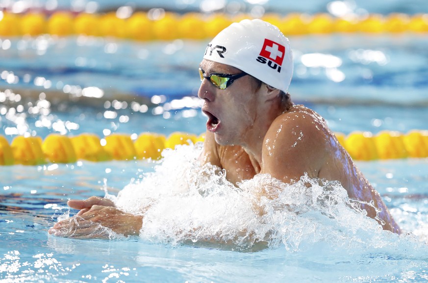 Jeremy Desplanches of Switzerland swims in a 200 meters individual medley men semifinal at the European Swimming Championships in Glasgow, Scotland, Sunday, Aug. 5, 2018. (AP Photo/Darko Bandic)