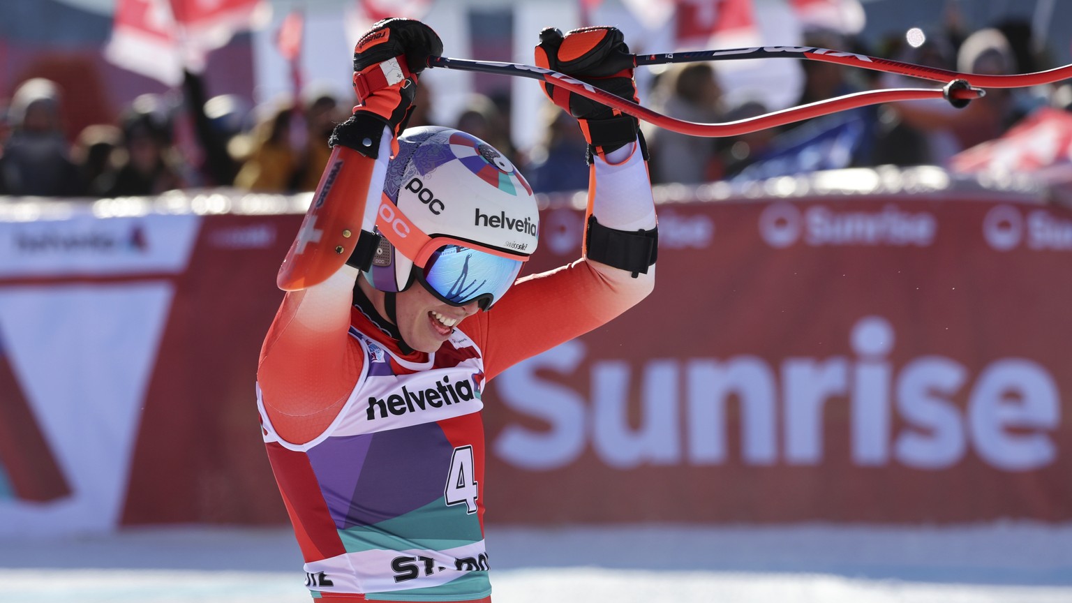 Switzerland&#039;s Michelle Gisin reacts after crossing the finish line to complete an alpine ski, women&#039;s World Cup Super-G race, in St. Moritz, Switzerland, Sunday, Dec. 18, 2022. (AP Photo/Mar ...