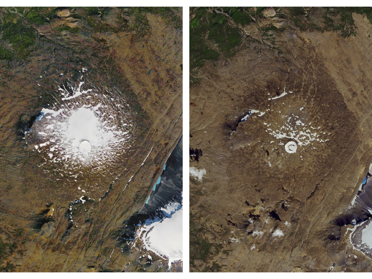 Im Jahr 1986 (links) noch ein stolzer Gletscher, nun ist er offiziell "tot" (rechts). Der Okjokull-Gletscher in Island.