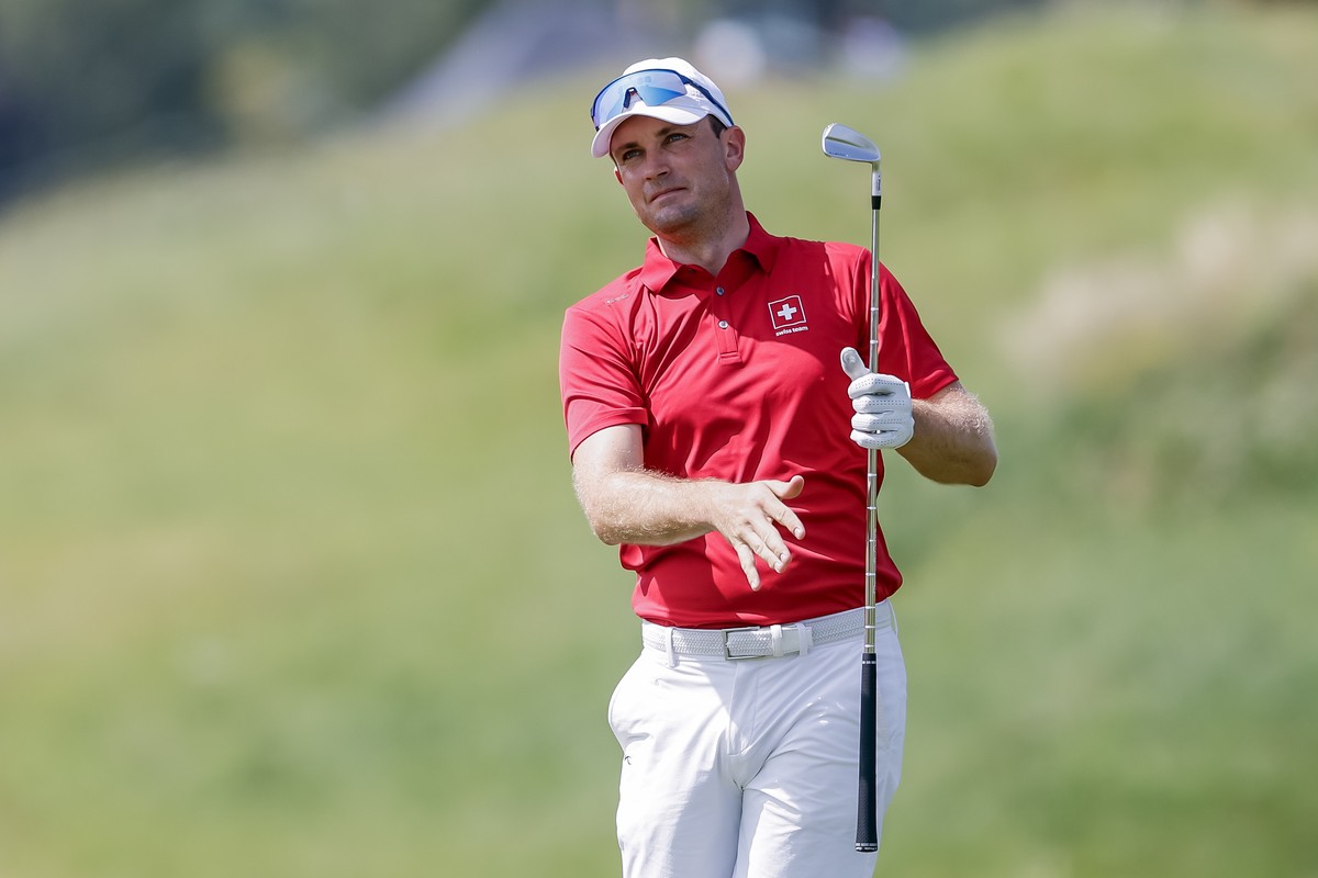 epa11508758 Joel Girrbach of Switzerland on the seventh hole during practice for the Paris 2024 Olympic Games Men Individual Stroke Play Golf competition at Le Golf National in Guyancourt, France, 30  ...