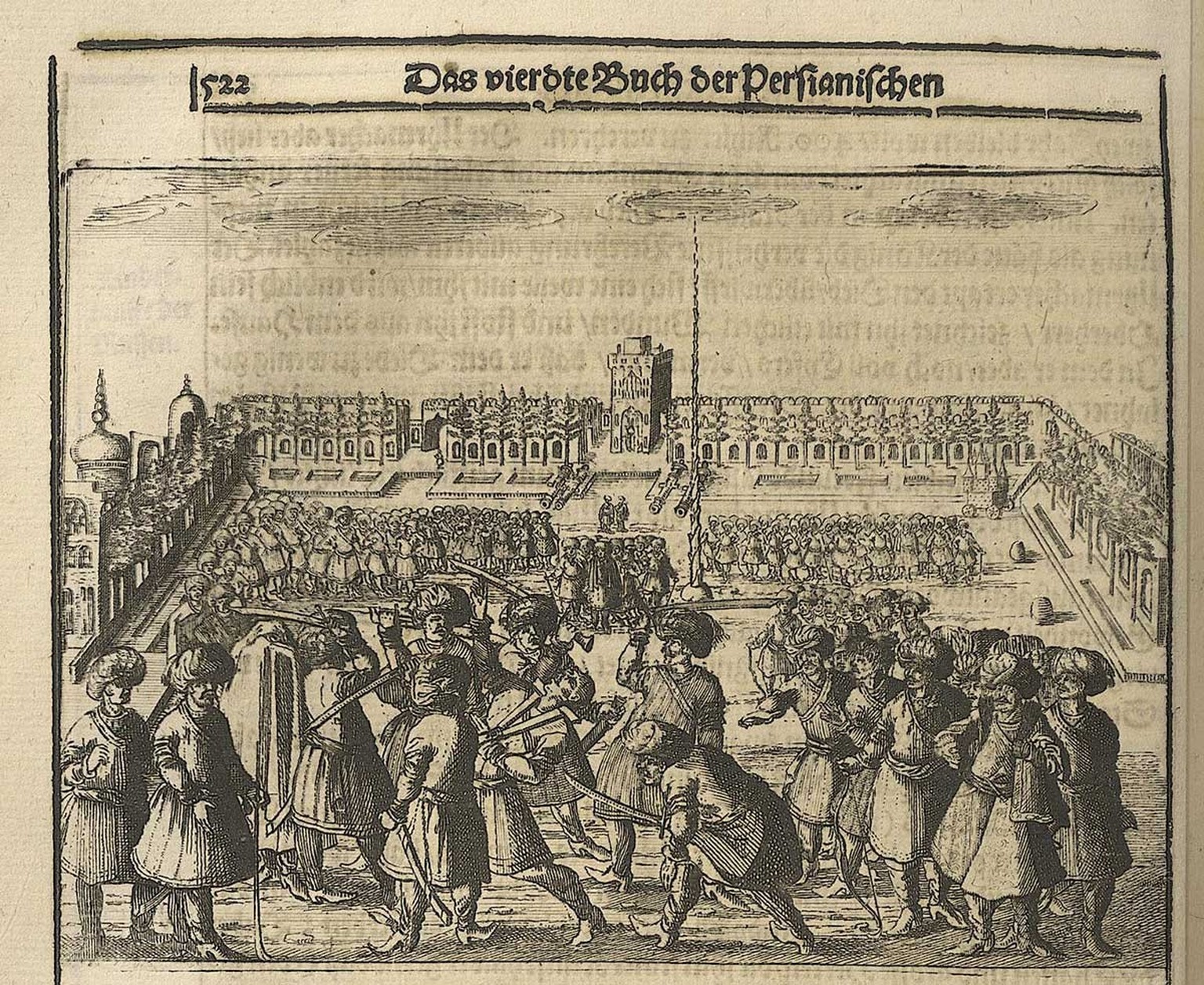 Depiction of the execution of Johann Rudolf Stadler at the Meidan-e Shah in the third edition of Adam Olearius's travelogue, published in 1663. https://doi.org/10.11588/diglit.21591#06 ...