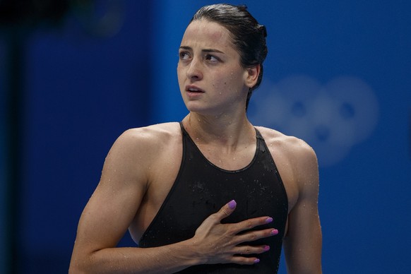 epa09373854 Lisa Mamie of Switzerland walks out after competing in the women&#039;s 200m Breaststroke Heats during the Swimming events of the Tokyo 2020 Olympic Games at the Tokyo Aquatics Centre in T ...