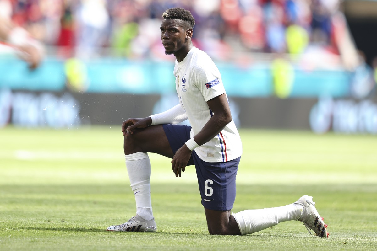 France's Paul Pogba reacts during the Euro 2020 soccer championship group F match between Hungary and France, at the Ferenc Puskas stadium, in Budapest, Saturday, June 19, 2021. (Alex Pantling, P ...
