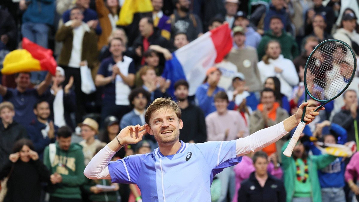 Belgian David Goffin celebrates winning his match a tennis match between Belgian Goffin and French Perricard, in the first round of the men s singles, at the Roland Garros French Open tennis tournamen ...