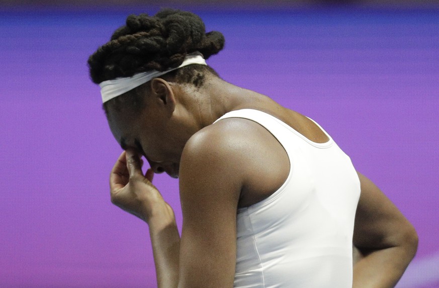 FILE - In this Feb. 2, 2017, file photo, Venus Williams reacts during her match against Kristina Mladenovic at the St. Petersburg Ladies Trophy-2017 tennis tournament in St. Petersburg, Russia. Florid ...