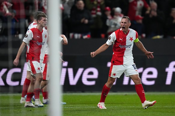 Slavia&#039;s Jan Boril celebrates his sides second goal during the Europa League group G soccer match between Slavia Praha and AS Roma at the Fortuna arena in Prague, Czech Republic, Thursday, Nov. 9 ...