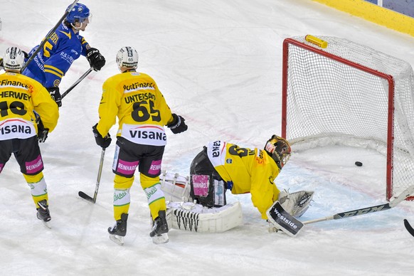 Der Davoser Marc Wieser bei seinem 2. Treffer zur 2:1 Fuehrung fuer die Davoser gegen die Berner Tristan Scherwey, Ramon Untersander und Torhueter Leonardo Genoni, v.l., beim Eishockey Meisterschaftss ...