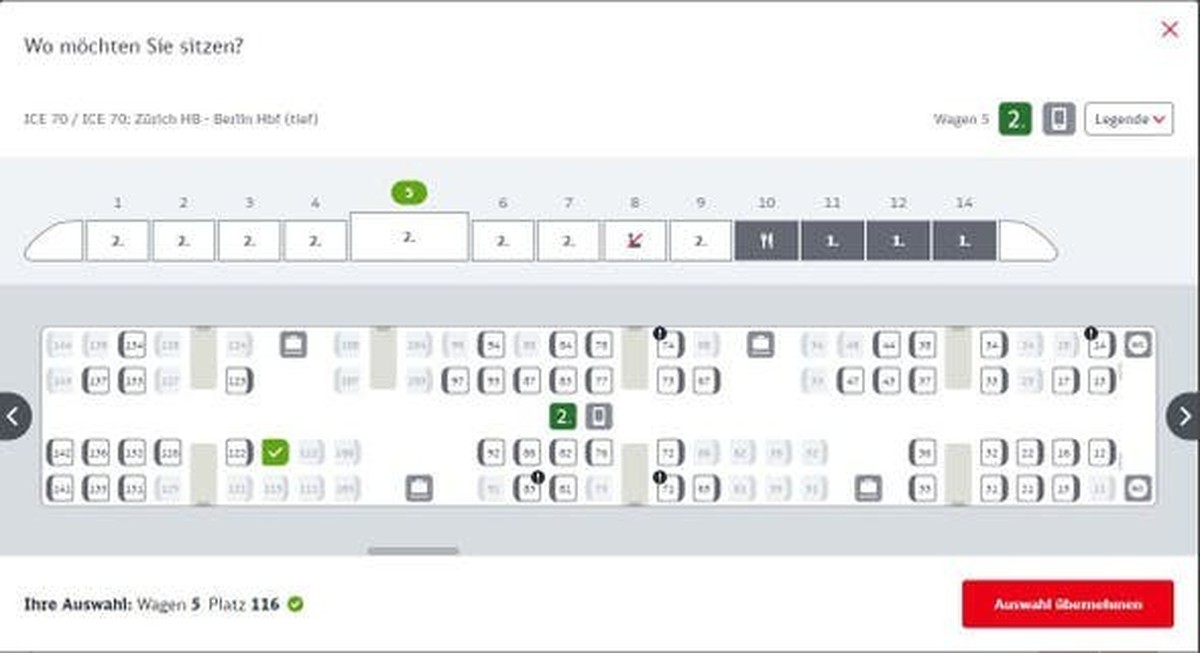 ICE von Zürich nach Berlin: Bei den SBB (links) kann man Wünsche angeben, bei der Deutschen Bahn den Sitz genau aussuchen.