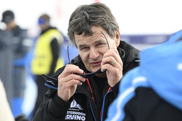 epa10984179 Franz Julen, president of the organizing committee, reacts after the women&#039;s downhill race on the new ski course &quot;Gran Becca&quot; was cancelled due to strong winds, at the Alpin ...