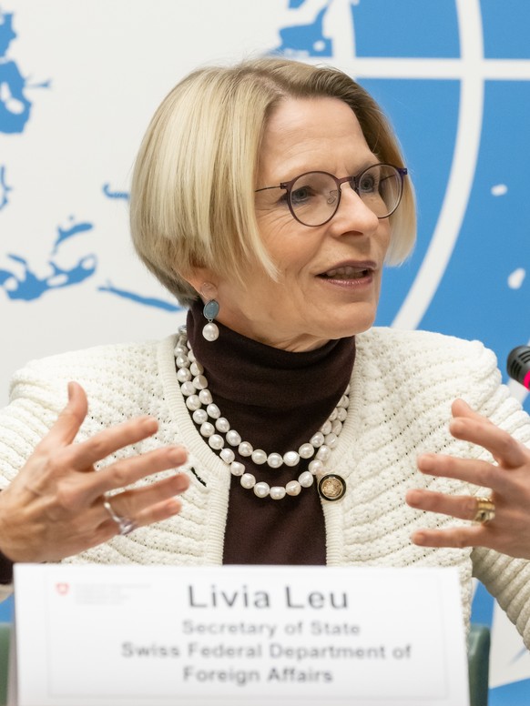 Swiss Secretary of State Livia Leu speaks during a press conference to present The Universal Periodic Review (UPR) of Switzerland, at the Palais des Nations in Geneva, Switzerland, Friday January 27,  ...