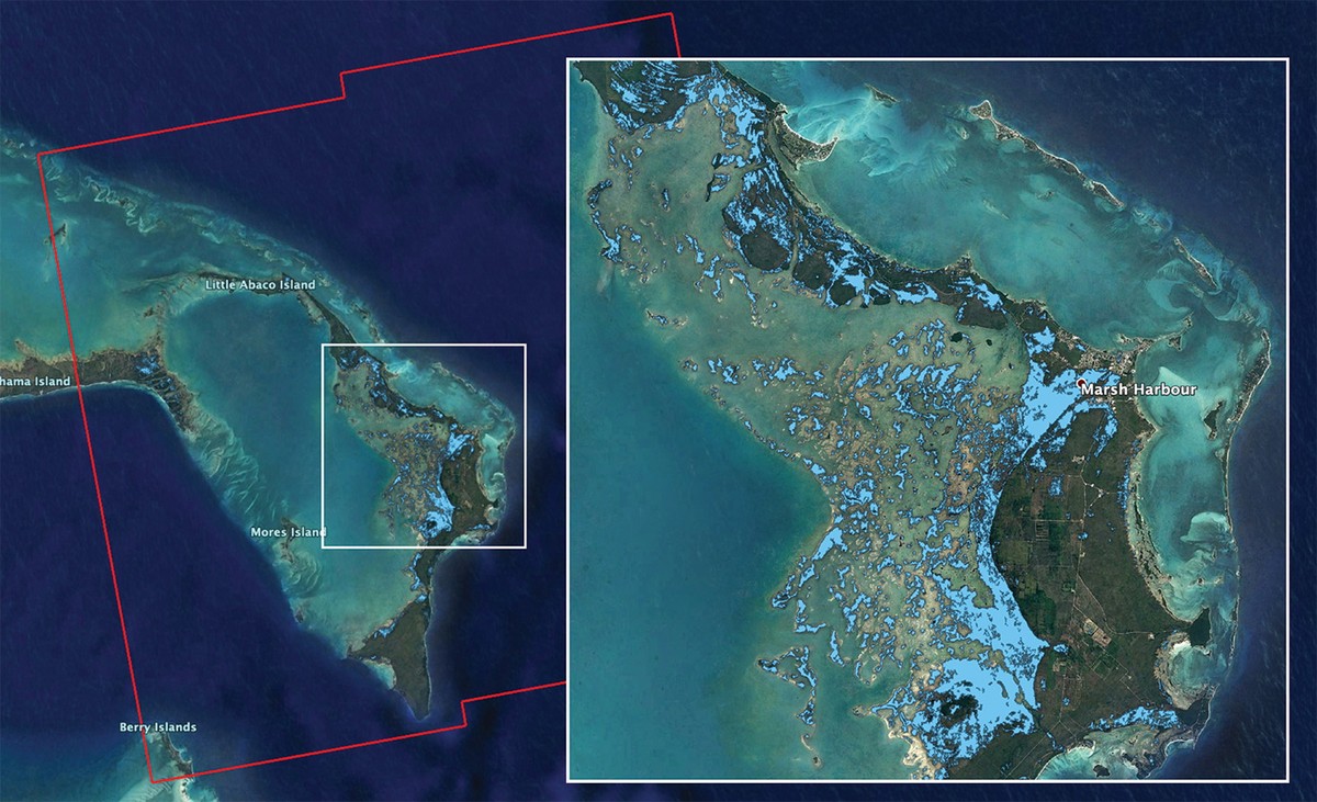 epa07816305 A handout photo made available by NASA on 04 September 2019 of a map of flooding in the Bahamas in the wake of Hurricane Dorian created by NASA's ARIA team using satellite data acquir ...