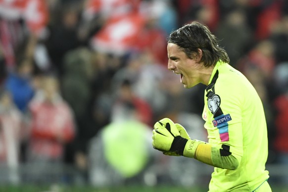 Switzerland&#039;s goalkeeper Yann Sommer celebrates after the 2018 Fifa World Cup play-offs second leg soccer match Switzerland against Northern Ireland at the St. Jakob-Park stadium in Basel, Switze ...